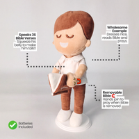 BibleBoy is the adorable plush boy doll that speaks 36 Bible verses. Holds his Bible with magnets in his hands and in the Bible. Wholesome dress. Clean cut hairstyle. Perfect Christmas gift idea for Christian boys. From Jesusdoll.com.