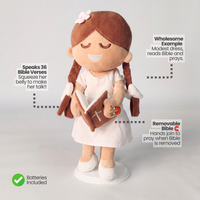 BibleGirl is the adorable plush girl doll that speaks 36 Bible verses. Holds her Bible with magnets in her hands and in the Bible. Wholesome dress. Beautiful braids with bows and a flower in her hair. Perfect birthday gift idea for Christian girls. From Jesusdoll.com.
