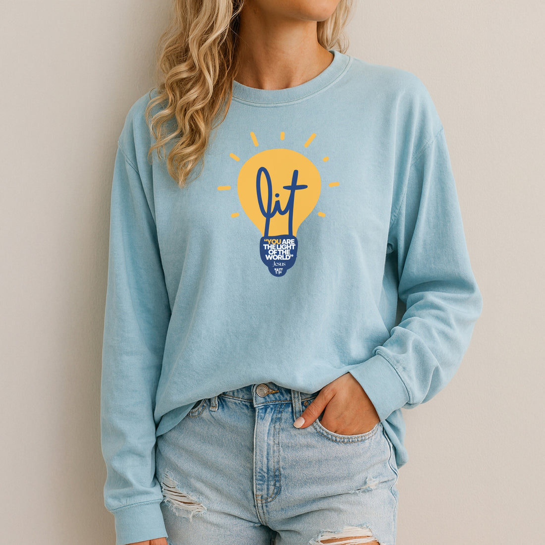 "Lit" Lightbulb - "You Are The Light Of The World" Jesus Quote - Unisex Adult Long Sleeve Tee Shirt - Sizes S-3XL